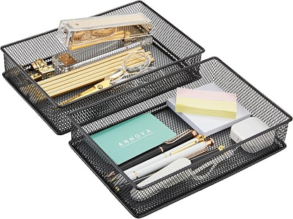 Annova Mesh Stackable Drawer Cabinet and Shelf Organizer Bins Storage Basket School Office Supply Holder Tray- Set of 2 (Black, 6x9x2 Inch)