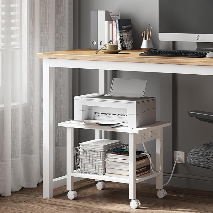 TUTOTAK 2 Tier Printer Stand, Rolling Printer Cart with Power Outlets and USB Ports, Mobile Printer Table with Wheels, for Under Desk, Office, Home, White PS01BW001P