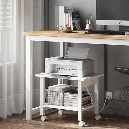 TUTOTAK 2 Tier Printer Stand, Rolling Printer Cart with Power Outlets and USB Ports, Mobile Printer Table with Wheels, for Under Desk, Office, Home, White PS01BW001P