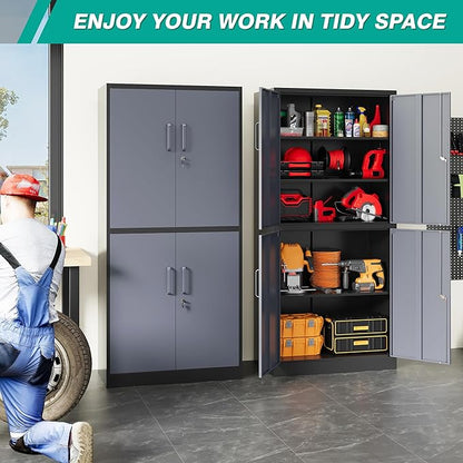 Metal Storage Cabinets with Doors and Shelves,71" Metal Garage Storage Cabinet with Lock,Gray Steel Cabinet with Locking Doors,4 Door Lockable Storage Cabinets for Garage,Home,Office