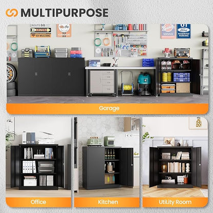 Metal Garage Storage Cabinets with Lock, 36" Tall Tool Cabinet with 2 Door and 2 Adjustable Shelves, Locking Garage Cabinets and Lockable Steel Locker for Home Office Warehouse - (Black-36”H)
