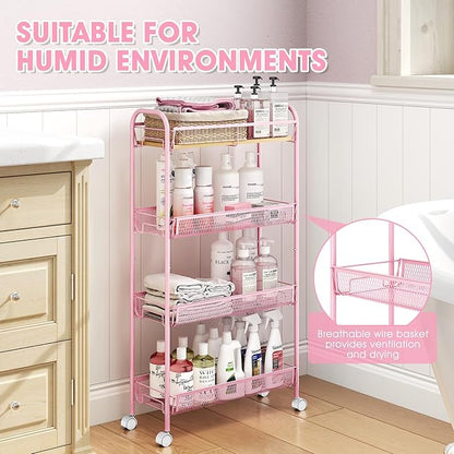 TOOLF 4-Tier Slim Rolling Cart, Metal Storage Cart with Wooden Tabletop and Mesh Baskets for Narrow Space on Kitchen Bathroom Laundry Room Bedroom Apartments Dormitory