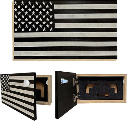 American Flag Hidden Gun Safe - Quick Access Hidden Gun Shelf - Concealment Shelf with Magnetic Lock - Wall Gun Safe for Secure Firearm Storage - by Bellewood Designs (Black & White Distressed)