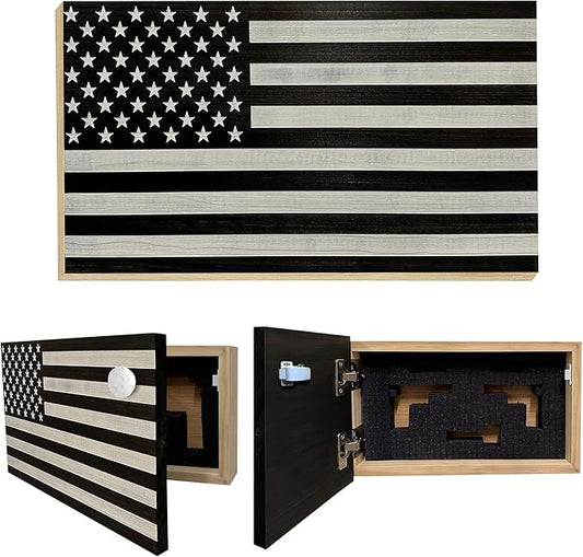 American Flag Hidden Gun Safe - Quick Access Hidden Gun Shelf - Concealment Shelf with Magnetic Lock - Wall Gun Safe for Secure Firearm Storage - by Bellewood Designs (Black & White Distressed)