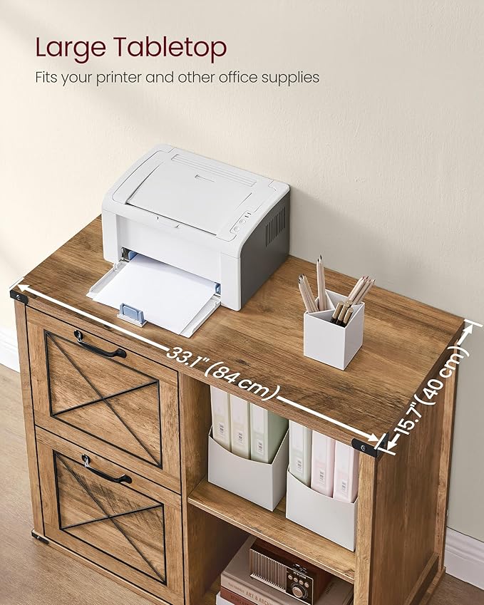 VASAGLE Lateral File Cabinet, Filing Cabinet with 2 Drawers, Printer Stand, 2 Open Compartments, Fit A4, Letter Size, Hanging File Folders, for Home Office, Farmhouse Style, Honey Brown UOFC049T41