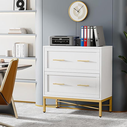 Tribesigns Modern White 2 Drawer File Cabinet, Lateral Filing Cabinet for Letter/Legal/A4 Size, Wood File Storage Cabinets Printer Stand with Storage for Home, Office, White and Gold