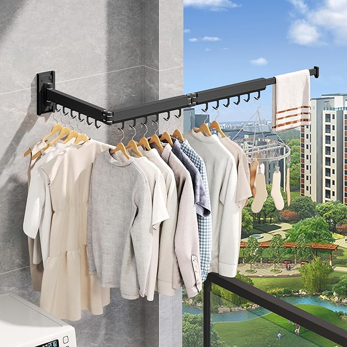Wall Mounted Clothes Drying Rack, Collapsible Laundry Drying Rack, Retractable Foldable Drying Rack Clothing for Hanging Clothes,Black-Hooks