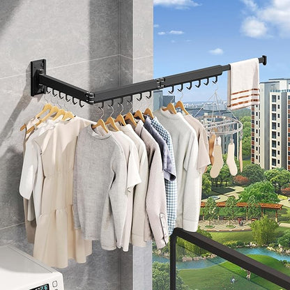 Wall Mounted Clothes Drying Rack, Collapsible Laundry Drying Rack, Retractable Foldable Drying Rack Clothing for Hanging Clothes,Black-Hooks