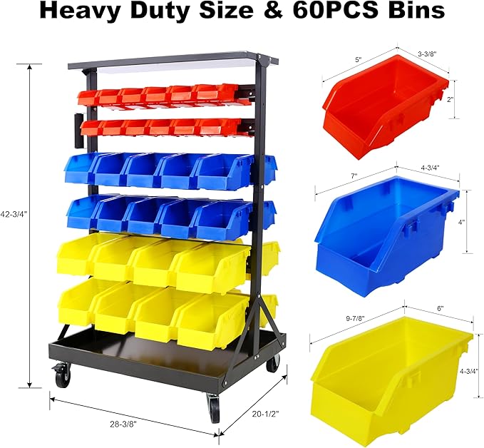 Montary 60 Parts Bin Shelving Storage Organizer with Locking Wheels, 6-Tier Dual-Sided Rolling Steel Shelf 350 lbs Capacity, for Shop Garage and Home