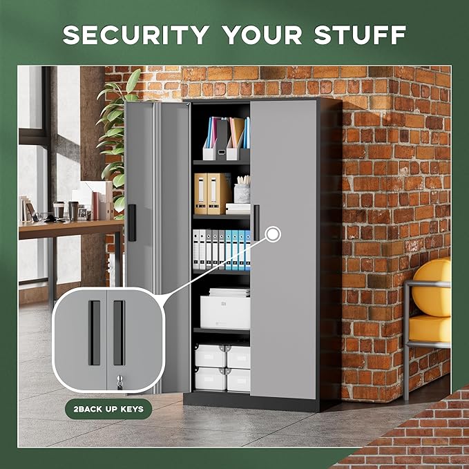 Greenvelly Metal Storage Cabinet,72" Locking Metal Garage Storage Cabinet with Doors and 4 Adjustable Shelves, Lockable Steel Cabinet for Home Office, Garage, Shop, School (Black Grey 32" W x 16" D)