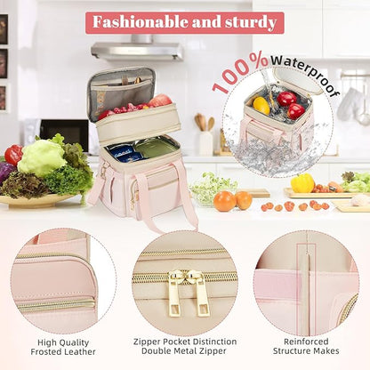 Insulated Lunch Bag & Lunch Box for Women - Double Deck Reusable Lunch Bag for men Tote Cooler Bag Leakproof Soft Expandable - Large Lunchbox for Work/Adult/Picnic/Outdoor (Pink，15L)