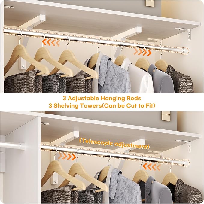 Cyclysio 96 Inch Closet System, 8 FT Hanging Closet Organizer System, Walk in Closet System with 4 Adjustable Rods and 3 Shelving Towers for 4-8FT Spaces(Cut-to-Fit), White