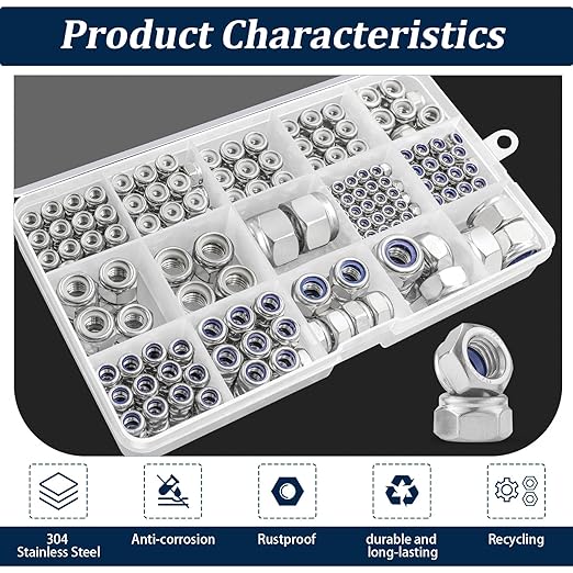 SAE & Metric Nylon Insert Lock Nuts Kit(348Pcs),6#32 8#32 10#24 10#32 1/4-20 5/16-18 3/8-16 1/2-13 M3 M4 M5 M6 M8 M10 M12 304 Stainless Steel Locknuts Sets