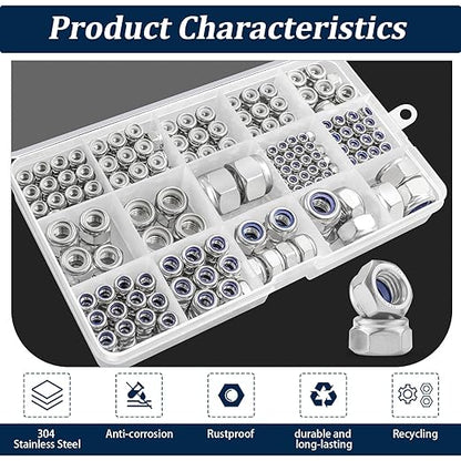 SAE & Metric Nylon Insert Lock Nuts Kit(348Pcs),6#32 8#32 10#24 10#32 1/4-20 5/16-18 3/8-16 1/2-13 M3 M4 M5 M6 M8 M10 M12 304 Stainless Steel Locknuts Sets