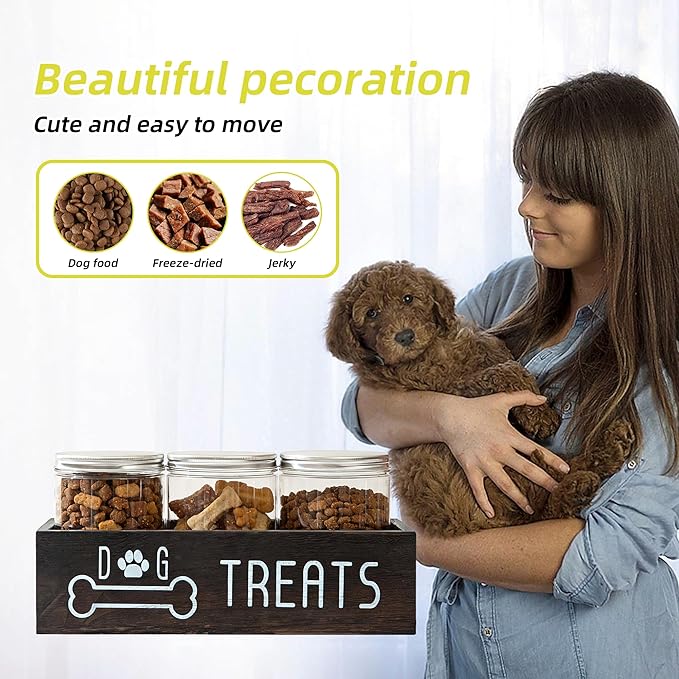 Dog Treat Container Wood Cat Treat Holder for Counter Cat Treat Organizer Dog Food Storage Organizer with 3 Dog Cookie Jars Farmhouse Decor Box Brown