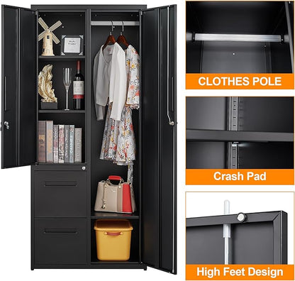 Metal Storage Cabinets Locker, 67" Locker with Clothes Rod, Lockable Freestanding Wardrobe for Office, Home, School, Laundry Room, Gym (Black)