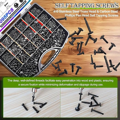 mxuteuk 1095PCS Self Tapping Screws for Metal, #8#10 410 Stainless Steel Truss Head Self Drilling Screws and M2 M3 M4 Carbon Steel Phillips Pan Head Self Tapping Screws for Plastic,Wood