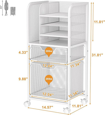 Rolling File Cart with 2 Drawers, White File Cabinet Organizer for Hanging File Folders, Letter-Size File Storage with Wheels, Multi-Layer Mobile Filing Cabinet for Office and Home, White