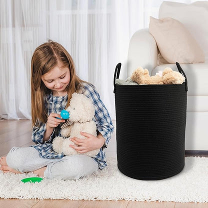 Woven Cotton Rope Laundry basket-15”X20” Laundry Hamper-Rope Storage Basket for Dirty Clothes, Toys and Blankets Perfect for Bathroom, Baby nursery and Living Room Storage (black)