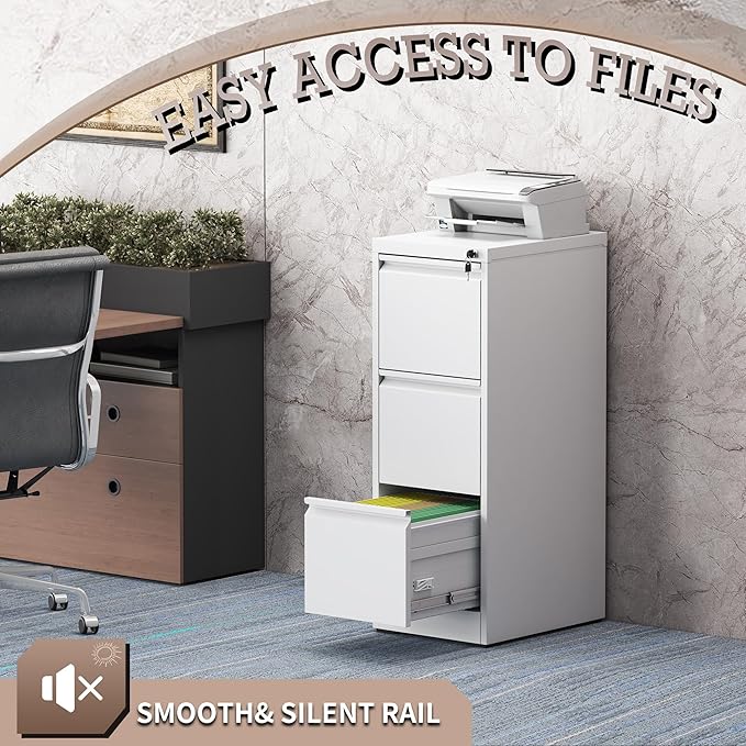 3 Drawer Vertical File Cabinet with Lock, Metal Filing Cabinets for Home Office, Heavy Duty File Storage Cabinet for Legal/Letter/A4 Documents, Easy to Assemble, White