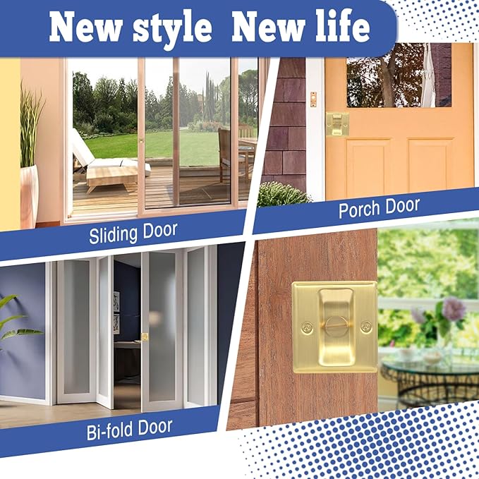 HOMOTEK 2 Pack Privacy Sliding Door Lock with Pull - Replace Old Or Damaged Pocket Door Locks Hardware Quickly and Easily, 2-3/4”x2-1/2”, for 1-3/8” Thickness Door, Brushed Brass