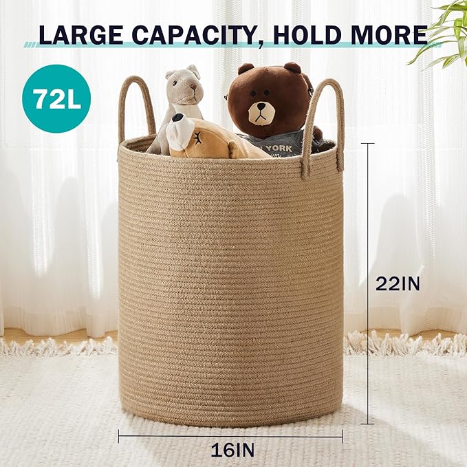 Woven Rope Laundry Hamper Basket by YOUDENOVA, 72L Tall Luandry Basket, Baby Nursery Hamper for Blanket Storage in Bedroom-Large-Jute