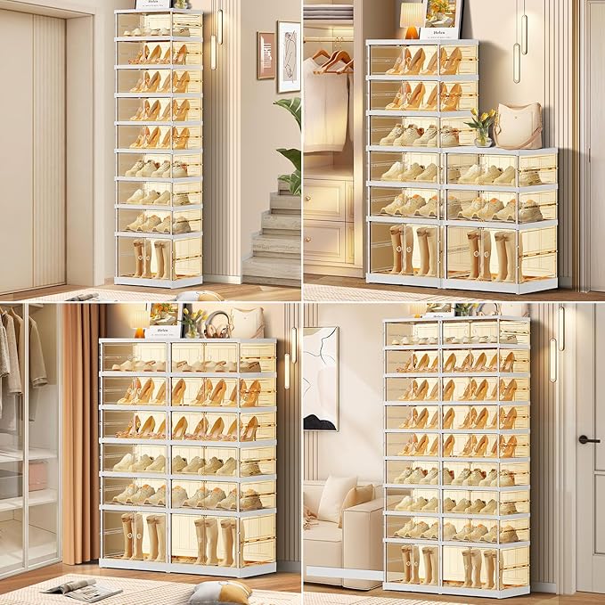 6-Tier Foldable Shoe Rack for Closet Entryway 6-12Pairs,Stackable Clear Shoe Storage Boxes Organizer with Door Plastic Small Shoe Cabinet Bins with Lids Narrow Shoe Shelf Easy Assembly