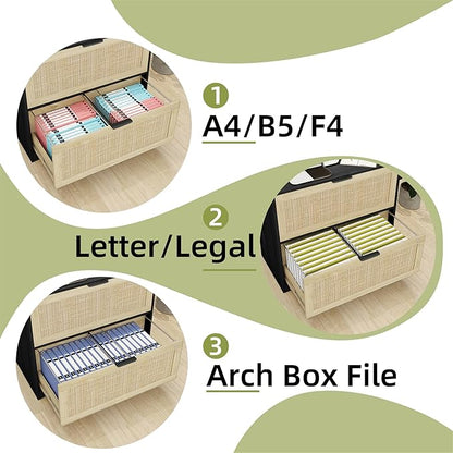 HOPUBUY 2 Drawer File Cabinet with Lock, Printer Stand Lateral Filing Cabinets for Home Office and School, Wood Rattan File Cabinet for Hanging Files/Letter/Legal/A4/F4 Size, Black