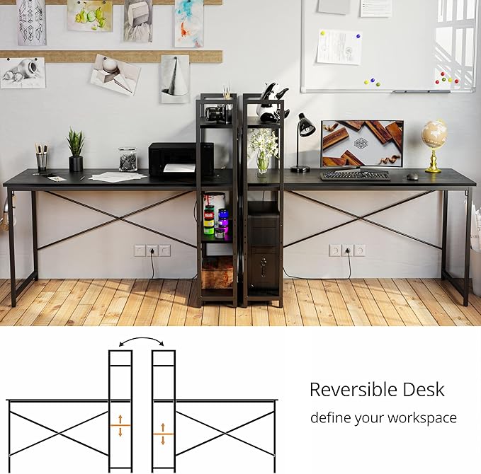 IRONCK Computer Desk 47" with Power Outlet and Storage Shelves, Study Writing Table with USB Ports Charging Station, PC Desk Workstation for Home Office, Black