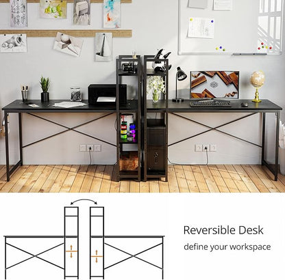 IRONCK Computer Desk 55" with Power Outlet and Storage Shelves, Study Writing Table with USB Ports Charging Station, PC Desk Workstation for Home Office, Black