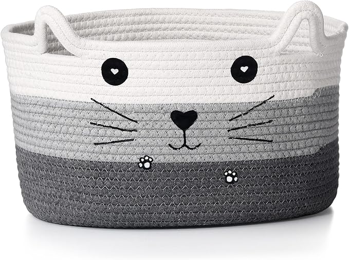 Zopeal Cat Basket Storage Woven Organizer with Ears Easter Decorative Gift Pet Toy Cute Cotton Rope Basket for Gift Cat Dog Toy Bin Nursery Room(13.7 x 7.8 Inch,White, Light Gray, Dark Gray)