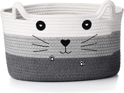 Zopeal Cat Basket Storage Woven Organizer with Ears Easter Decorative Gift Pet Toy Cute Cotton Rope Basket for Gift Cat Dog Toy Bin Nursery Room(13.7 x 7.8 Inch,White, Light Gray, Dark Gray)