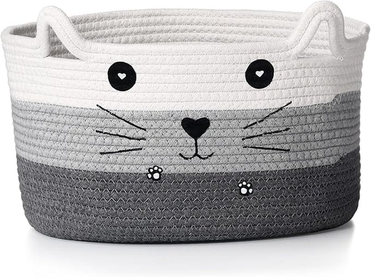 Zopeal Cat Basket Storage Woven Organizer with Ears Easter Decorative Gift Pet Toy Cute Cotton Rope Basket for Gift Cat Dog Toy Bin Nursery Room(13.7 x 7.8 Inch,White, Light Gray, Dark Gray)