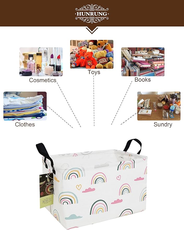 HUNRUNG Rectangle Storage Basket Cute Canvas Organizer Bin for Pet/Children Toys, Books, Clothes Perfect for Rooms/Playroom(Rec-Rainbow)