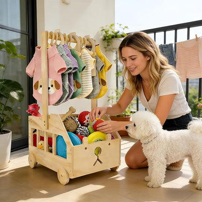 22" x14"x10" Wooden Pet Wardrobe Closet with 10 Hangers, 5 Split Labels & 1 Pen, Easy Assembly Crate for Dog/Cat Closet, Dog Closet Organizer for Toys Clothes and Accessories
