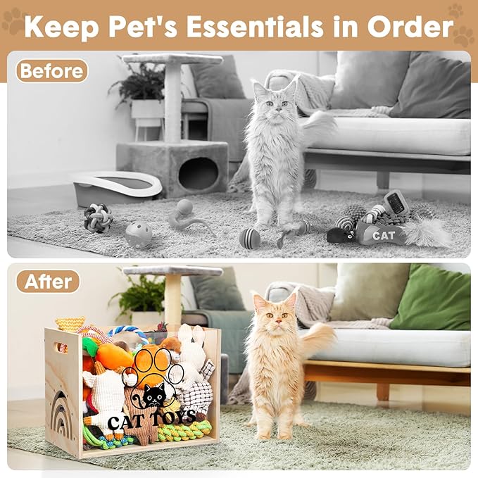 Large Cat Toy Basket Cat Toy Box Wooden Storage Bin with Acrylic Board Storage Box for Puppy Toys Pet Food and Accessories Organizer Holder Basket for Living Room Area(Wood, Cat)