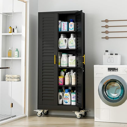 71” Metal Garage Storage Cabinet with Lock and Wheels, Metal Storage Cabinet with Louvered Door and 4 Adjustable Shelves, Rolling Tool Cabinet, Utility File Cabinet for Home Office -Black