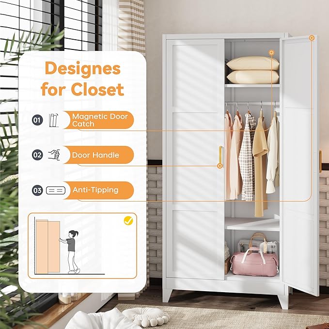INTERGREAT 71” H Metal Wardrobe Cabinets with 2 Doors, Large Clothing Storage Cabinets with Hanging Rod and Adjustable Shelves, Closet for Home Living/Laundry Room(White)