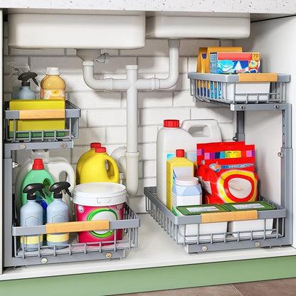 Kitstorack Under Sink Organizer, 2 Tier Under the Sink Storage, Slide out Pull out Cabinet Organizer Shelf, Metal Sliding Drawer for Kitchen Bathroom Pantry Closet Organization Rack, Grey, 1 Pack