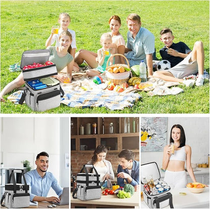 Insulated Lunch Bag & Lunch Box for Men - Double Deck Reusable Lunch Bag for Women Tote Cooler Bag Leakproof Soft Expandable - Large Lunchbox for Work/Adult/Picnic/Outdoor (Gray，15L)