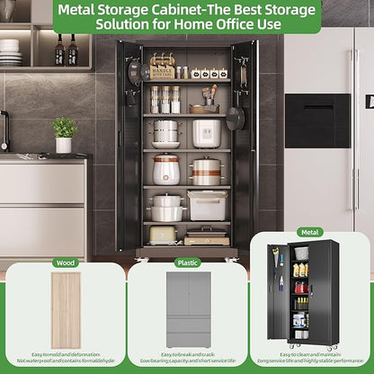 Garage Storage Cabinet with Wheels and Pegboard, 71" H x 32" W x 16" D Lockable Metal Storage Cabinet with 5 Adjustable Shelves and 2 Doors for Garage Home, Assembly Required, Black