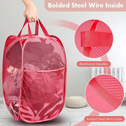 DUCOO Pop Up Hamper, 2 PCS Mesh Pop Up Laundry Hamper, Foldable Mesh Laundry Basket with Space Saving Design for Home, Dorm, Travel and Storage, Red