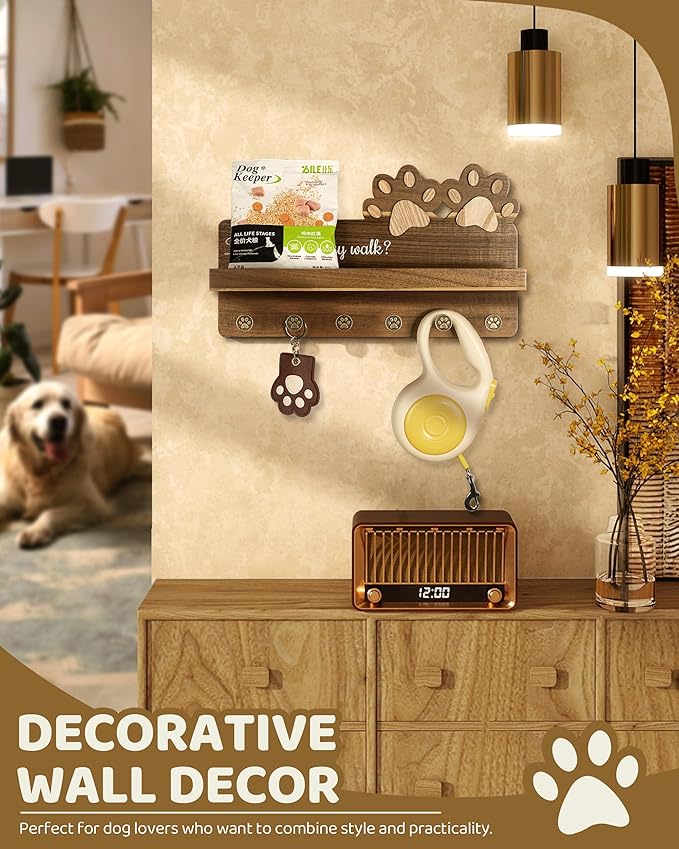 MTERSN Farmhouse Dog Leash Holder for Wall - Decorative Key Hooks Wall Mount with Paw Shape and 6 Unique 3D Hooks - Dog Lover for Home Decor (Acacia Wood)