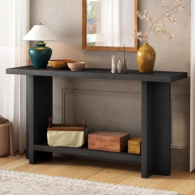 60-Inch Long Vintage-Inspired ConsoleTable with T-Leg Design, 2-Tier Entryway Table Sofa Table with Storage for Study, Entryway, Hallway, Living Room (Black-V19)