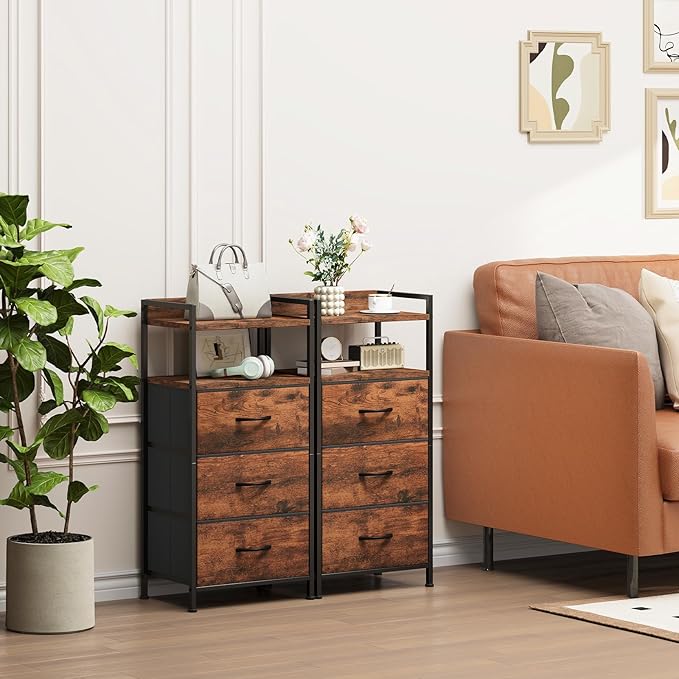 Somdot Nightstand with 3 Drawers, Dresser with Fabric Bins for Bedroom, Hallway, Entryway, Nightstand Bedside Table Furniture, Sturdy Steel Frame, Wooden Top, Easy Pull Fabric Bins, Wood Grain Print
