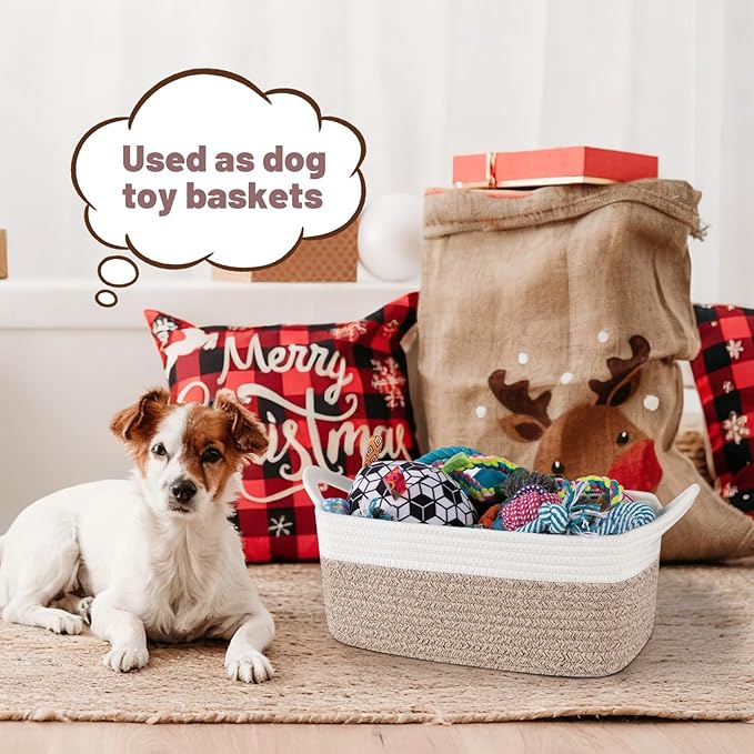 Basket for Gifts Empty, Woven Storage Basket with Gift Bag, Ribbon and Wrap Tissue Paper, Small Rope Toy Storage with Handles for Baby Shower, Dog Toy Organizer, 13.6" x 10" x 5.9”