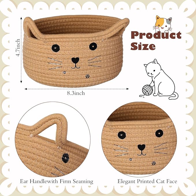 Zopeal Cat Basket Storage Woven Organizer with Ears Easter Decorative Gift Pet Toy Cute Cotton Rope Basket for Gift Cat Dog Toy Bin Nursery Room(8.3 x 4.7 Inch,Khaki)