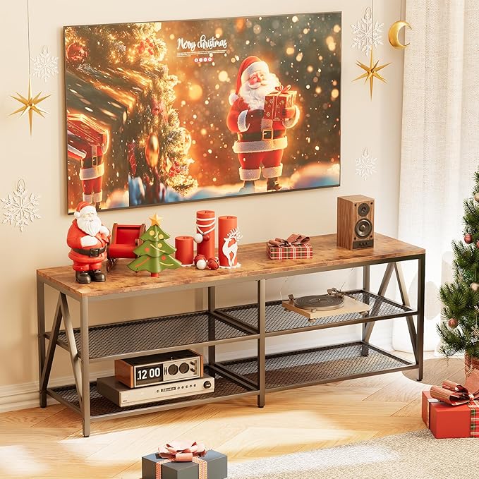 55 inch TV Stand with 3-Tier Open Shelf, Entertainment Center with Power Outlets & 8-Color LED Lights, TV Console Table for Living Room, Bedroom (Brown)