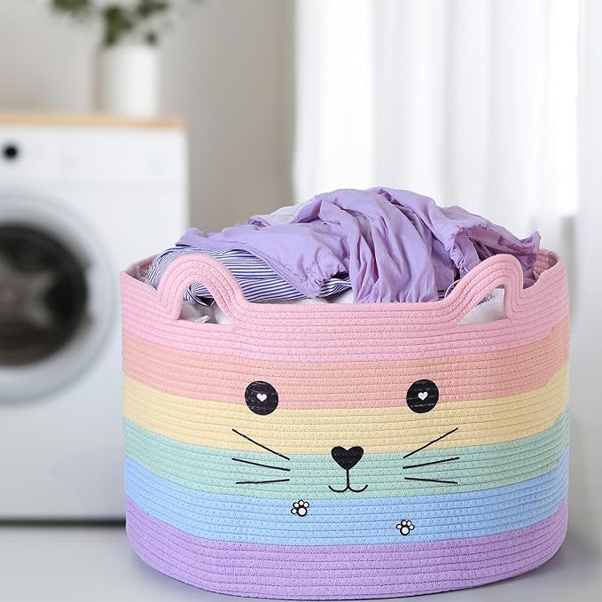Zopeal Cat Basket Storage Woven Organizer with Ears Easter Decorative Gift Pet Toy Cute Cotton Rope Basket for Gift Cat Dog Toy Bin Nursery Room(21.7 x 13.8 Inch,Macaron Color)