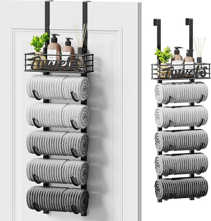 SWTYMIKI Hanging Towel Racks for Bathroom - 6 Tier Over The Door & Wall Mounted Bath Rolled Towel Storage Organizer Holder for Small Bathroom, RV, Camper, Black (Patented)